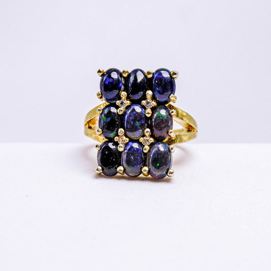 แหวนเงินแท้ 925 ฝังพลอย แบล็คโอปอล(Black Opal)  +  ไวท์โทพาส (whitetopaz)
