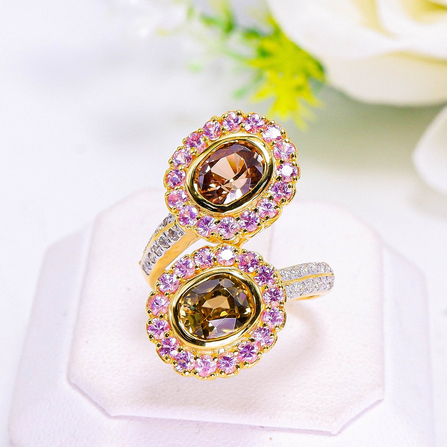 แหวนทอง9K ฝังพลอยเพทาย(Zircon) + พิงค์แซฟไฟร์(Pink Sapphire) + เพชร(Diamond)