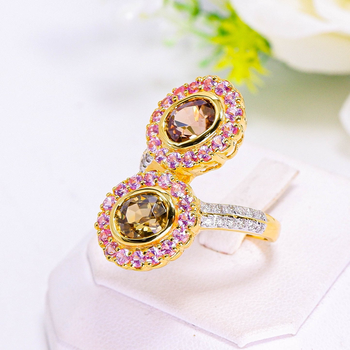 แหวนทอง9K ฝังพลอยเพทาย(Zircon) + พิงค์แซฟไฟร์(Pink Sapphire) + เพชร(Diamond)