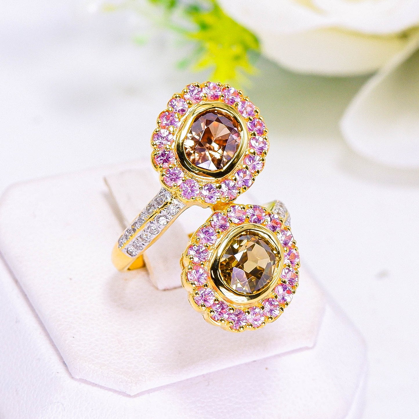 แหวนทอง9K ฝังพลอยเพทาย(Zircon) + พิงค์แซฟไฟร์(Pink Sapphire) + เพชร(Diamond)
