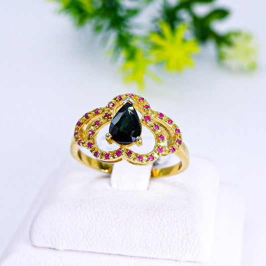 แหวนเงินแท้ 925 ฝังพลอย เขียวส่อง (green Sapphire) + พิงค์แซฟไฟร์ (Pink Sapphire)