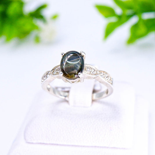 แหวนเงินแท้ 925 ฝังพลอย สตาร์ (Black Star Sapphire) + เซอร์คอน (Zircon)