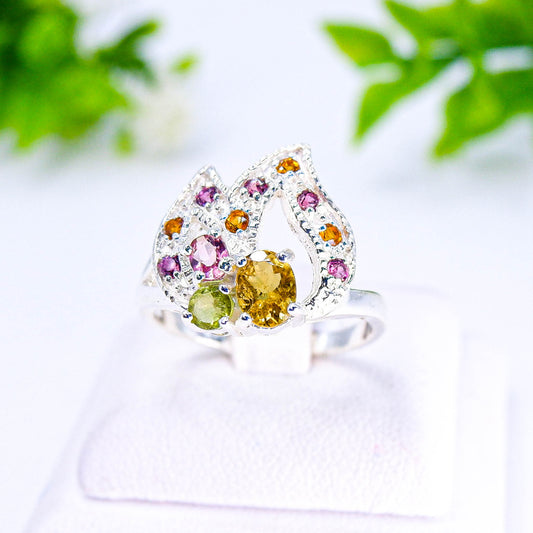 แหวนเงินแท้ 925 ฝังพลอย ทัวมาลีน (Tourmaline) + อเมทิสต์ (Amethyst) + สเปสซาไทต์ (Spessartite Garnet)