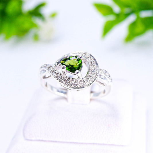 แหวนเงินแท้ 925 ฝังพลอย กรีนโคมทัวมาลีน (Green chome Tourmaline) + เซอร์คอน (Zircon)