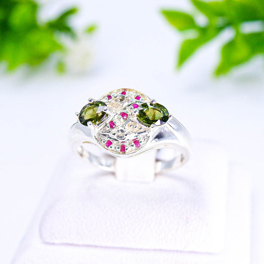 แหวนเงินแท้ 925 ฝังพลอย เขียวส่อง (green Sapphire)+แซฟไฟร์ (Sapphire)+ไวท์โทพาส (whitetopaz)