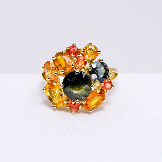 แหวนเงินแท้ 925 ฝังพลอย เขียวส่องบางกะจะ(green Sapphire)+บุษราคัม(Yellow Sapphire)+แฟนซีแซฟไฟร์(Fancy Sapphire)