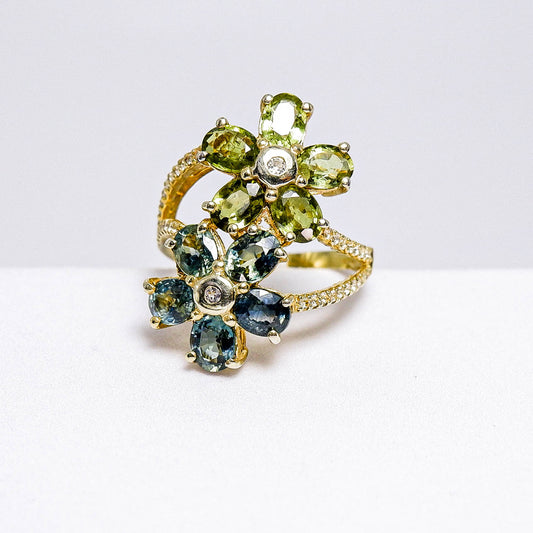 แหวนเงินแท้ 925 ฝังพลอย เขียวส่อง (greensapphire) + ไวท์โทพาส (whitetopaz)