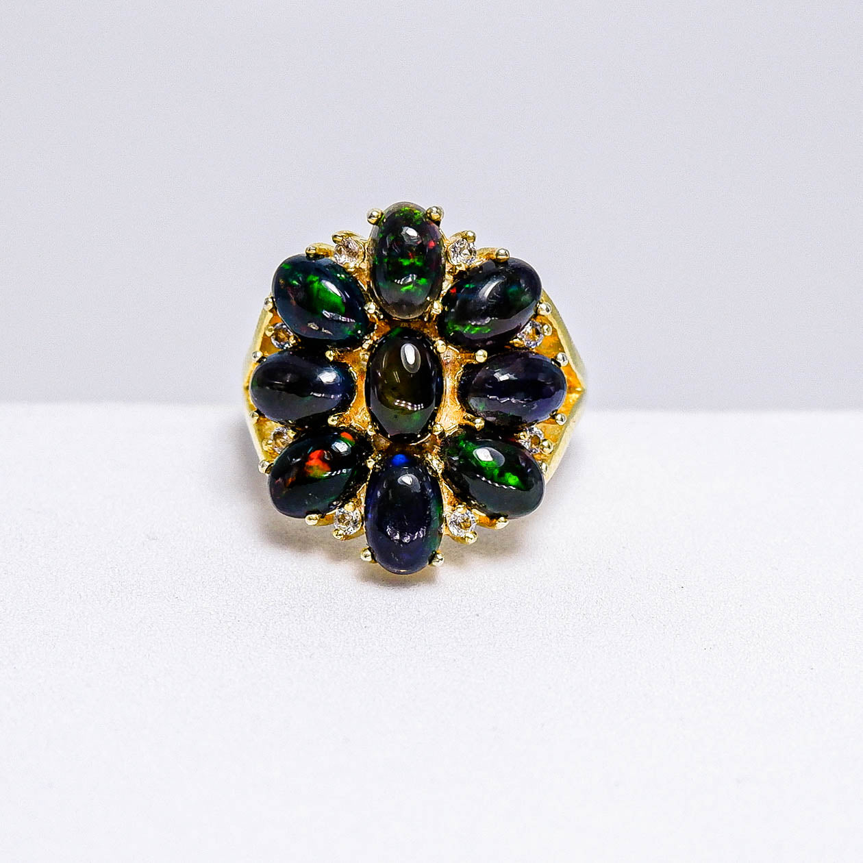 แหวนเงินแท้ 925 ฝังพลอย แบล็คโอปอล (Black Opal) + ไวท์โทพาส (whitetopaz)