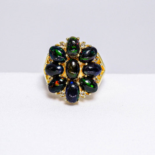 แหวนเงินแท้ 925 ฝังพลอย แบล็คโอปอล (Black Opal) + ไวท์โทพาส (whitetopaz)