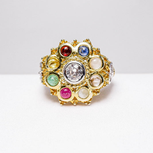 แหวนเงินแท้ 925 ฝังพลอย นพเก้า (Nine Gems) + ไวท์แซฟไฟร์ (whitetopaz)