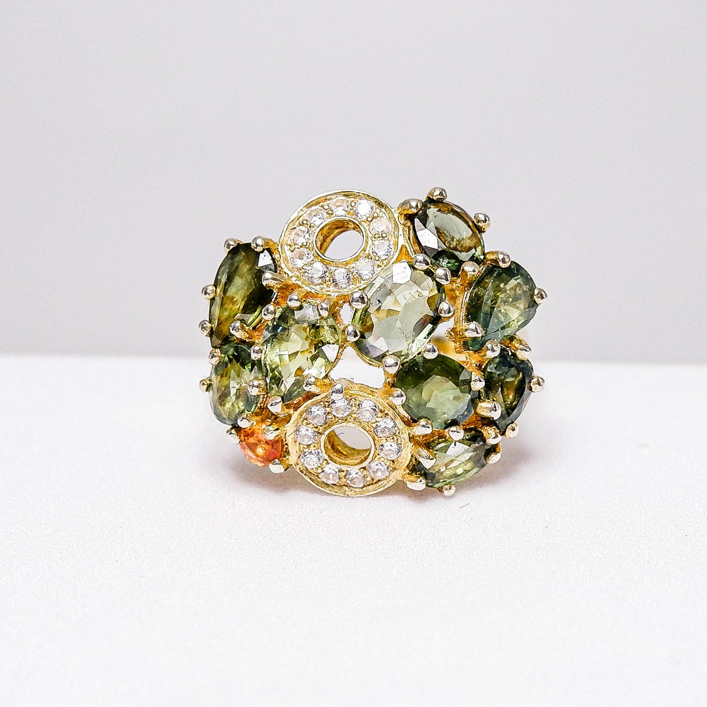 แหวนเงินแท้ 925 ฝังพลอย เขียวส่องบางกะจะ (greensapphire) + ออเรนจ์แซฟไฟร์ (Orange Sapphire) + เซอร์คอน (Zircon)
