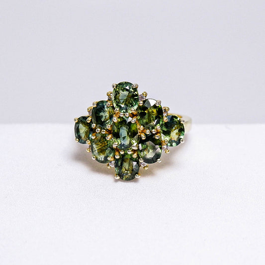 แหวนเงินแท้ 925 ฝังพลอย เขียวส่อง (greensapphire) + ไวท์โทพาส (whitetopaz)