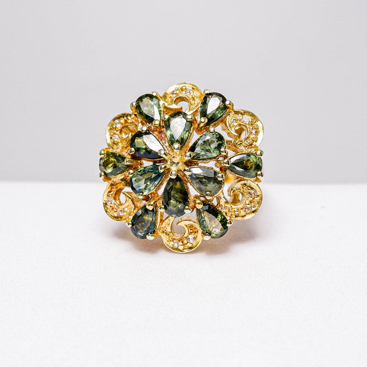 แหวนเงินแท้ 925 ฝังพลอย เขียวส่อง (greensapphire) + ไวท์โทพาส (whitetopaz)