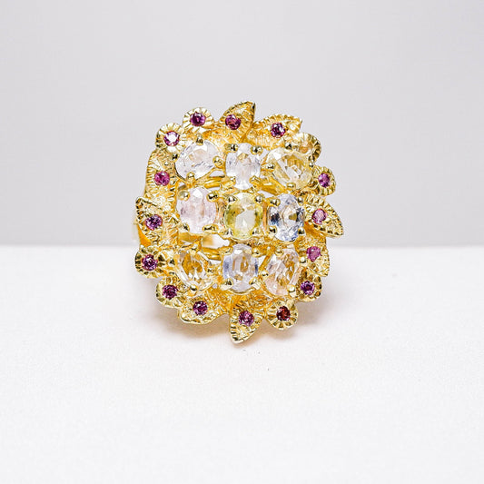 แหวนเงินแท้ 925 ฝังพลอย เแซฟไฟร์ศรีลังกา (Ceylon Sapphire) + โรโดไลท์ (Rhodolite)