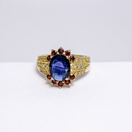แหวนเงินแท้ 925 ฝังพลอย ไพลิน (Blue Sapphire) + โกเมน (Garnet) + ไวท์โทพาส (whitetopaz)
