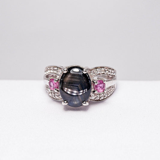 แหวนเงินแท้ 925 ฝังพลอย สตาร์บางกะจะ (Star Sapphire) + ทับทิมไทย (Siam Ruby) + เซอร์คอน (Zircon)