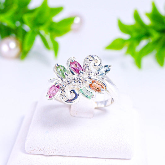 แหวนเงินแท้ 925 ฝังพลอย ทัวมาลีน (Tourmaline) + เซอร์คอน (Zircon)