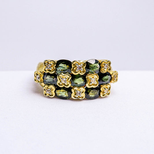 แหวนเงินแท้ 925 ฝังพลอย เขียวส่องบางกะจะ(green Sapphire) + ไวท์โทพาส (whitetopaz)