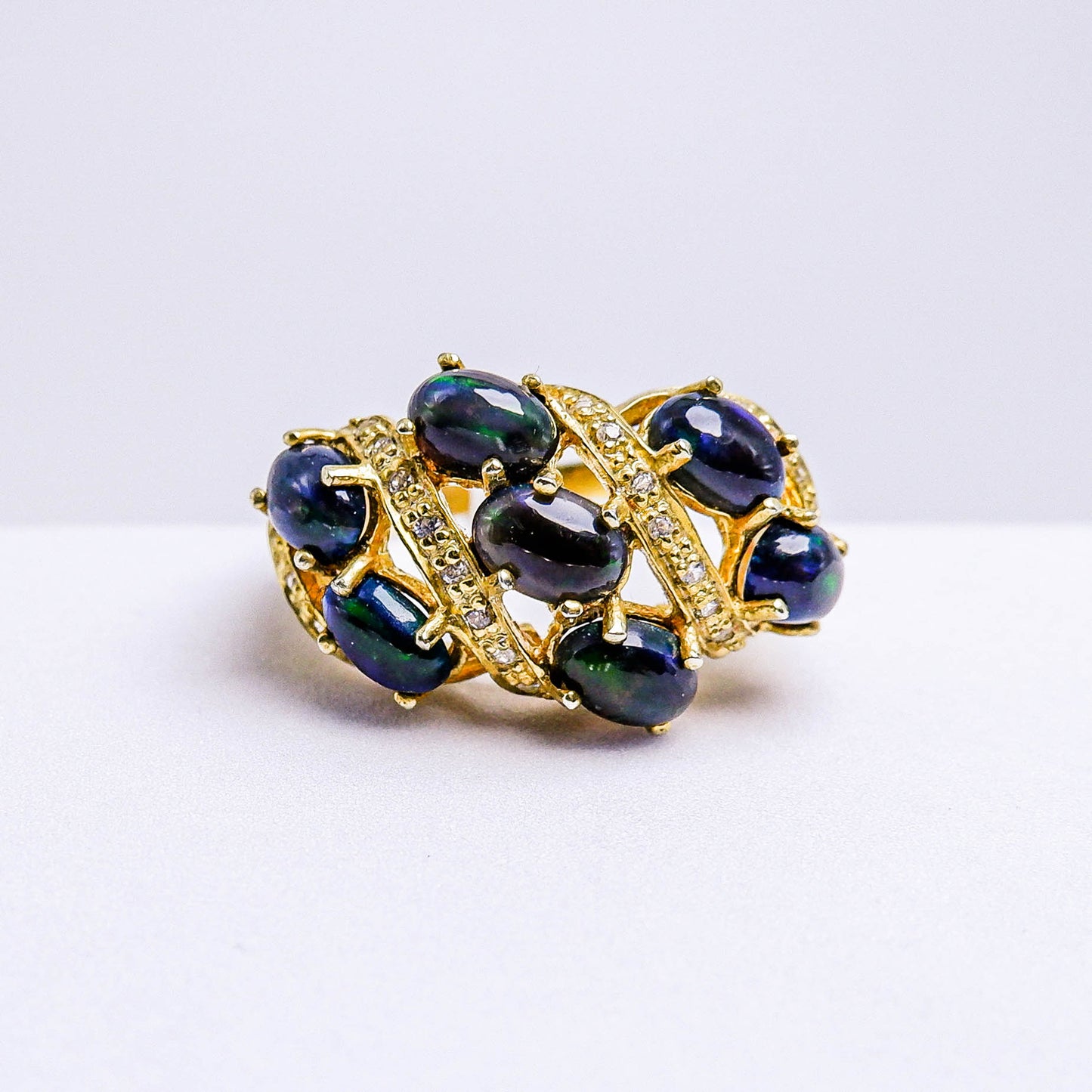 แหวนเงินแท้ 925 ฝังพลอย แบล็คโอปอล (Black Opal) + เซอร์คอน (Zircon)