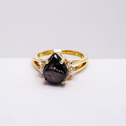 แหวนเงินแท้ 925 ฝังพลอย สตาร์บางกะจะ (Black Star Sapphire) + เซอร์คอน (Zircon)