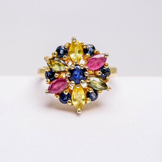 แหวนเงินแท้ 925 ฝังพลอย ทับทิมไทย(Ruby)+บุษราคัม(Yellow Sapphire)+เขียวส่อง(greensapphire)+ไพลิน(Blue Sapphire)