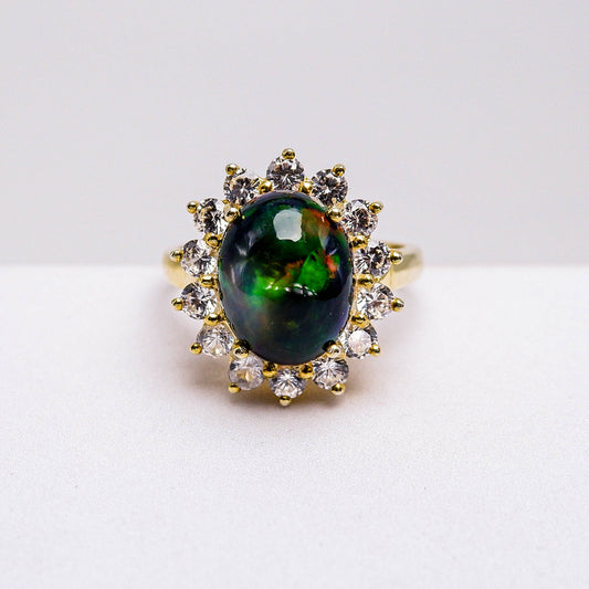 แหวนเงินแท้ 925 ฝังพลอย แบล็คโอปอล (Black Opal) + เซอร์คอน (Zircon)