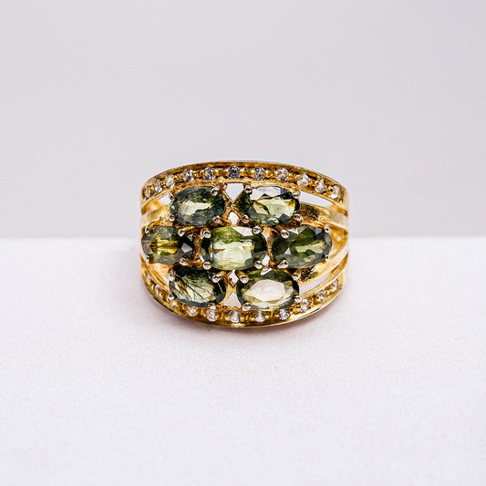 แหวนเงินแท้ 925 ฝังพลอย เขียวส่อง (greensapphire) + ไวท์โทพาส (whitetopaz)