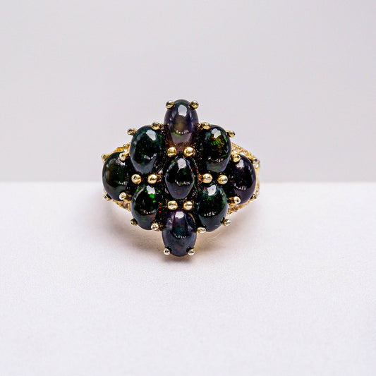 แหวนเงินแท้ 925 ฝังพลอย แบล็คโอปอล (Black Opal) + ไวท์โทพาส (whitetopaz)