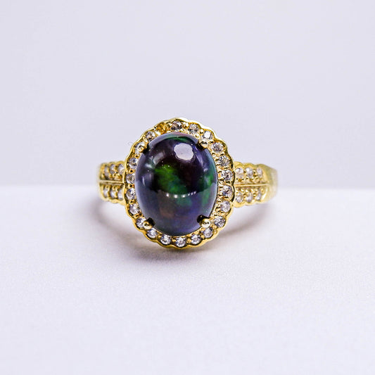 แหวนเงินแท้ 925 ฝังพลอย แบล็คโอปอล (Black Opal) + เซอร์คอน (Zircon)