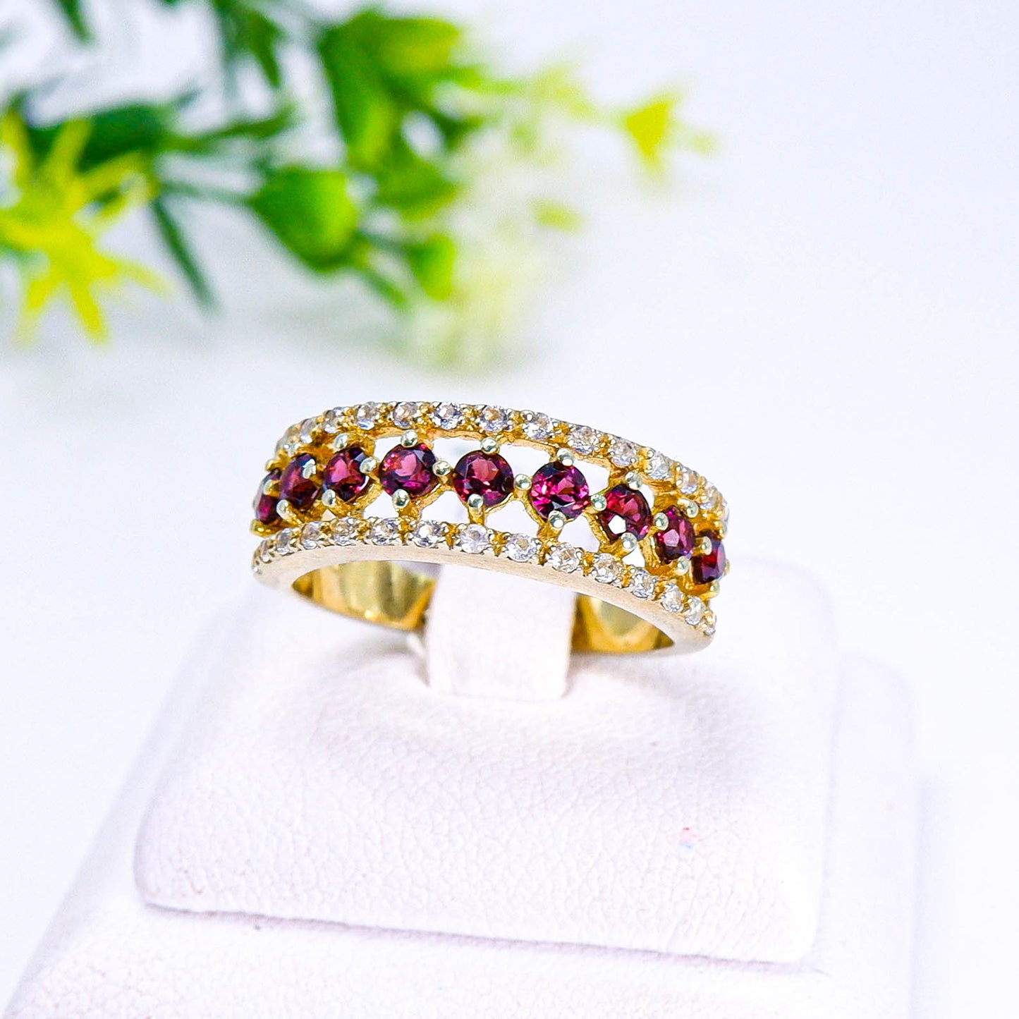 แหวนเงินแท้ 925 ฝังพลอย โรโดไลท์ (Rhodolite) + เซอร์คอน (Zircon)