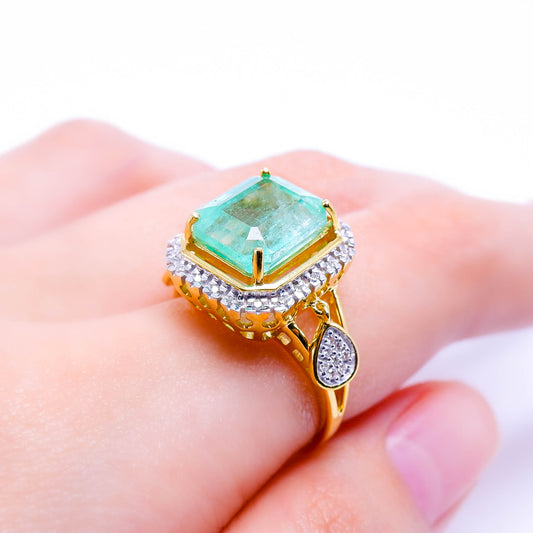 แหวนทอง9K ฝังพลอยมรกตโคลัมเบีย (Emerald) + เพชร (diamond)