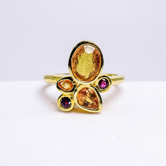 แหวนเงินแท้ 925 ฝังพลอย บุษราคัมบางกะจะ (Yellow Sapphire) + ทับทิม (Ruby)