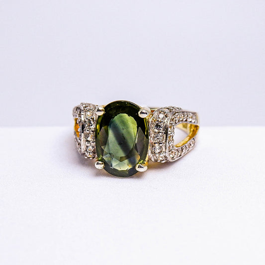 แหวนเงินแท้ 925 ฝังพลอย เขียวส่องบางกะจะ (green Sapphire) + เซอร์คอน (Zircon)
