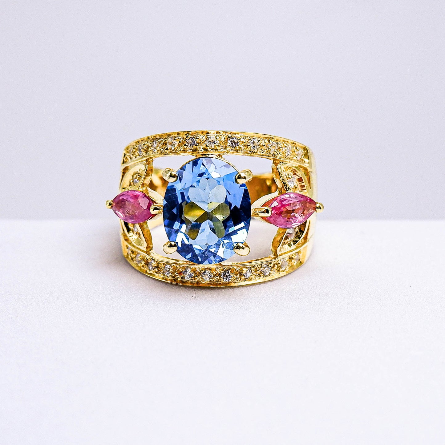 แหวนเงินแท้ 925 ฝังพลอย บลูโทพาส(Blue Topaz)+ทับทิมไทย(Siam Ruby)+เซอร์คอน(Zircon)