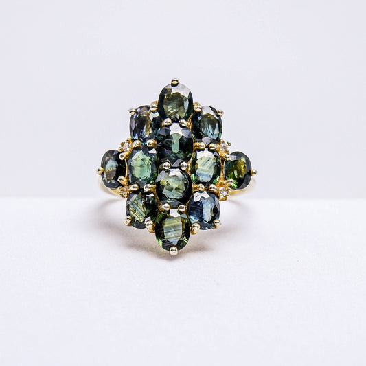 แหวนเงินแท้ 925 ฝังพลอย เขียวส่อง (green Sapphire) + เซอร์คอน (Zircon)