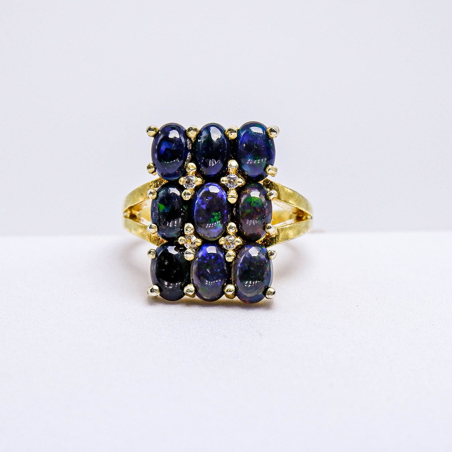 แหวนเงินแท้ 925 ฝังพลอย แบล็คโอปอล (Black Opal) + ไวท์โทพาส (whitetopaz)