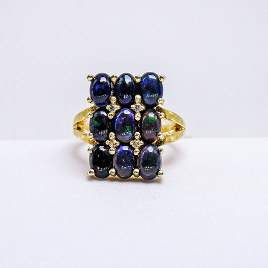 แหวนเงินแท้ 925 ฝังพลอย แบล็คโอปอล (Black Opal) + ไวท์โทพาส (whitetopaz)