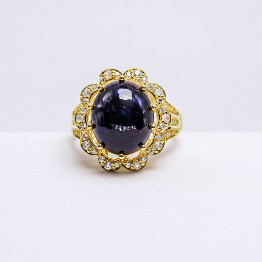 แหวนเงินแท้ 925 ฝังพลอย แบล็คโอปอล (Black Opal) + เซอร์คอน (Zircon)