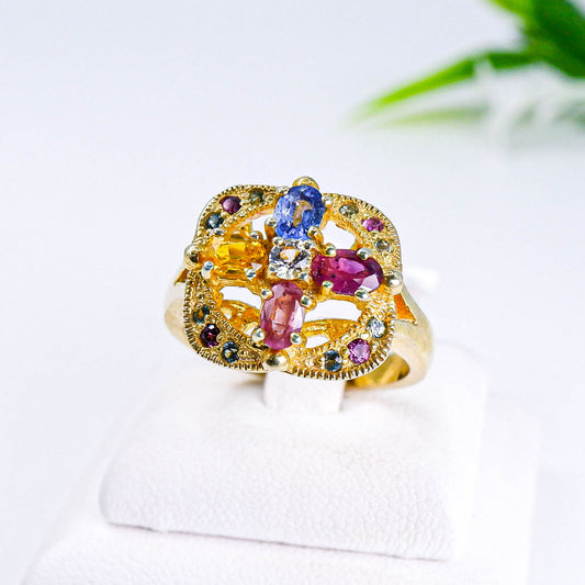 แหวนเงินแท้ 925 ฝังพลอย ไพลิน(Blue Sapphire)+แซฟไฟร์ไทย(Thai Sapphire)+บุษราคัม+บลูโทพาส(Blue Topaz)