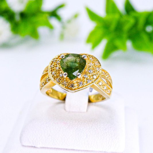 แหวนเงินแท้ 925 ฝังพลอย เขียวส่อง (green Sapphire) + เซอร์คอน (Zircon)
