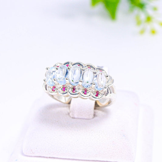 แหวนเงินแท้ 925 ฝังพลอย บลูโทพาส (Blue Topaz) + พิงค์แซฟไฟร์ (Pink Sapphire)