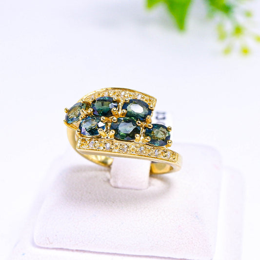 แหวนเงินแท้ 925 ฝังพลอย เขียวส่อง (green Sapphire) + เซอร์คอน (Zircon)