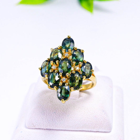 แหวนเงินแท้ 925 ฝังพลอย เขียวส่อง (green Sapphire) + เซอร์คอน (Zircon)
