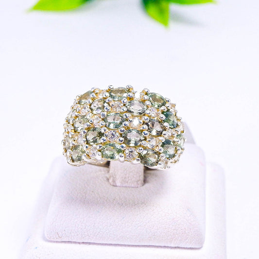 แหวนเงินแท้ 925 ฝังพลอย เขียวส่อง (green Sapphire) + เซอร์คอน (Zircon)