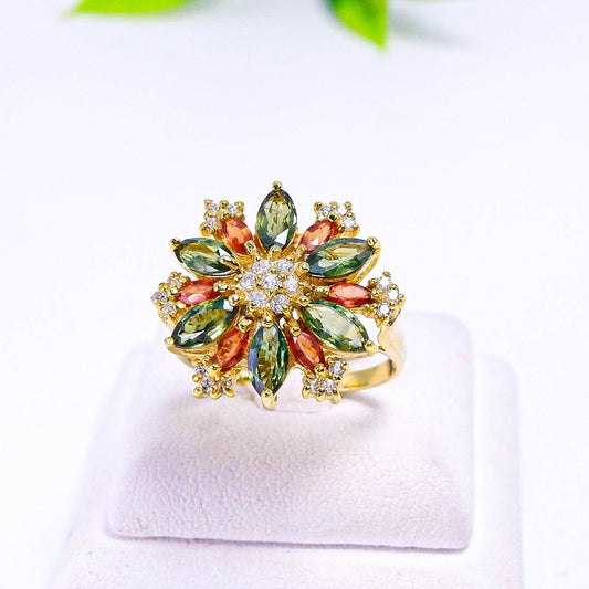 แหวนเงินแท้ 925 ฝังพลอย เขียวส่อง (green Sapphire) + แฟนซีแซฟไฟร์ (Fancy Sapphire) + เซอร์คอน (Zircon)