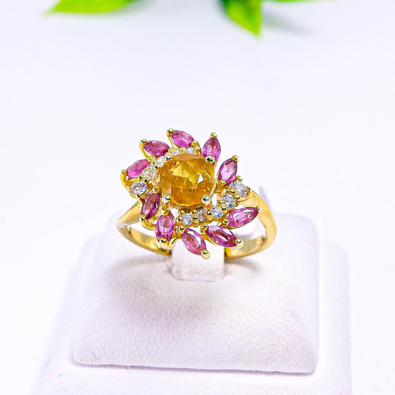 แหวนเงินแท้ 925 ฝังพลอย บุษราคัม(Yellow Sapphire)+ทับทิมไทย(Ruby)+เซอร์คอน(Zircon)