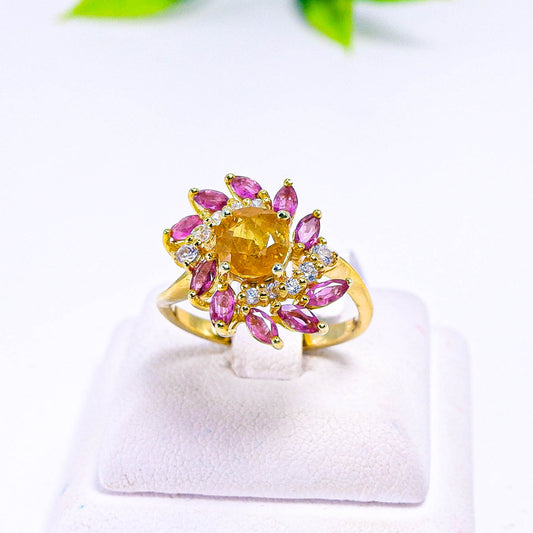 แหวนเงินแท้ 925 ฝังพลอย บุษราคัม(Yellow Sapphire)+ทับทิมไทย(Ruby)+เซอร์คอน(Zircon)
