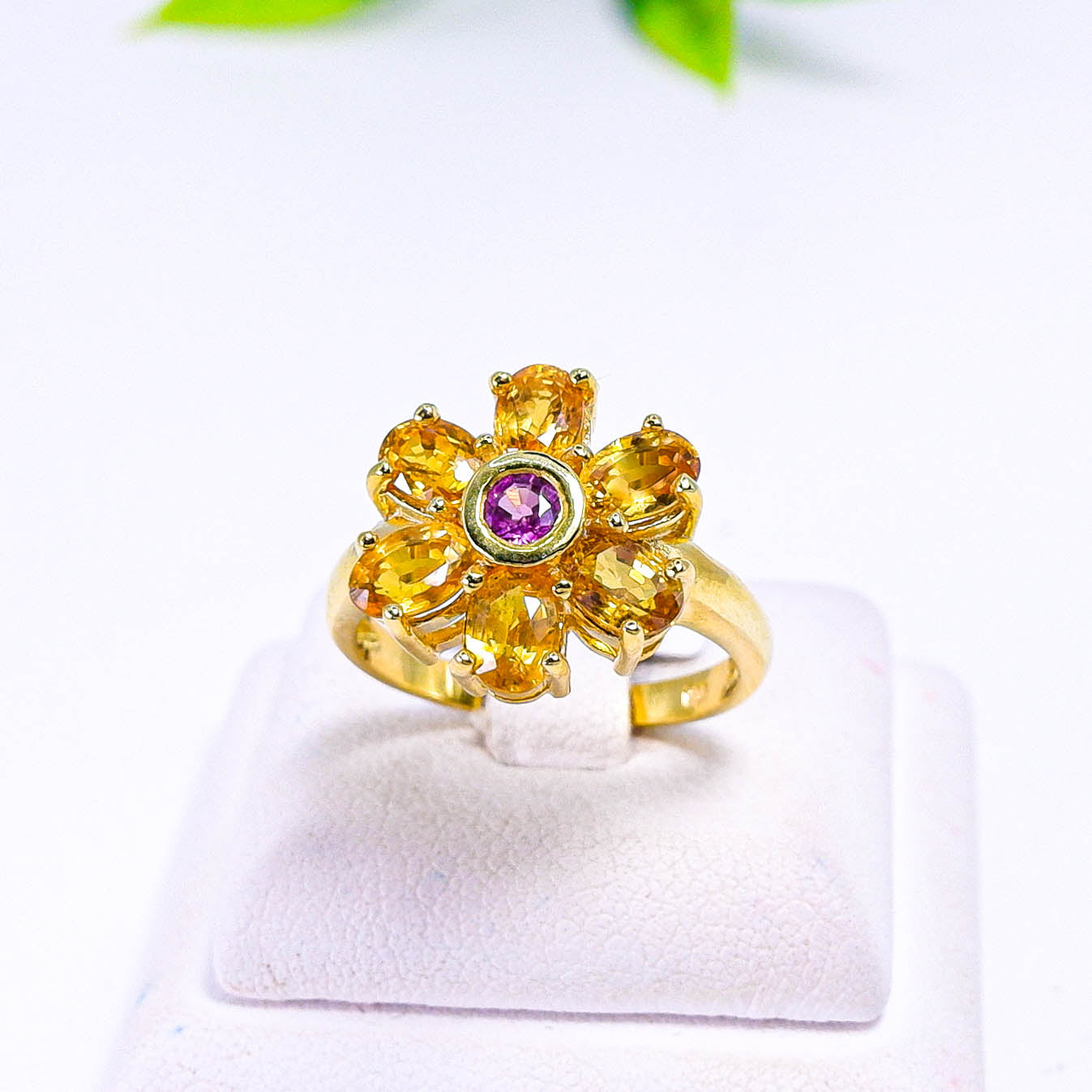 แหวนเงินแท้ 925 ฝังพลอย บุษราคัม (Yellow Sapphire) + ทับทิมไทย (Ruby)