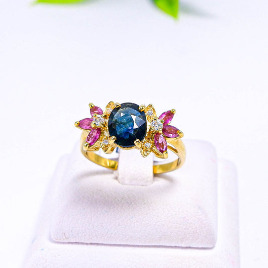 แหวนเงินแท้ 925 ฝังพลอย เขียวส่อง (green Sapphire) + ทับทิมไทย (Ruby) + เซอร์คอน (Zircon)
