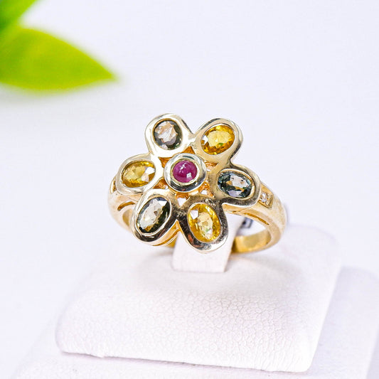 แหวนเงินแท้ 925 ฝังพลอย แฟนซีแซฟไฟร์(Fancy Sapphire)+ทับทิมไทย(Siam Ruby)+เซอร์คอน(Zircon)